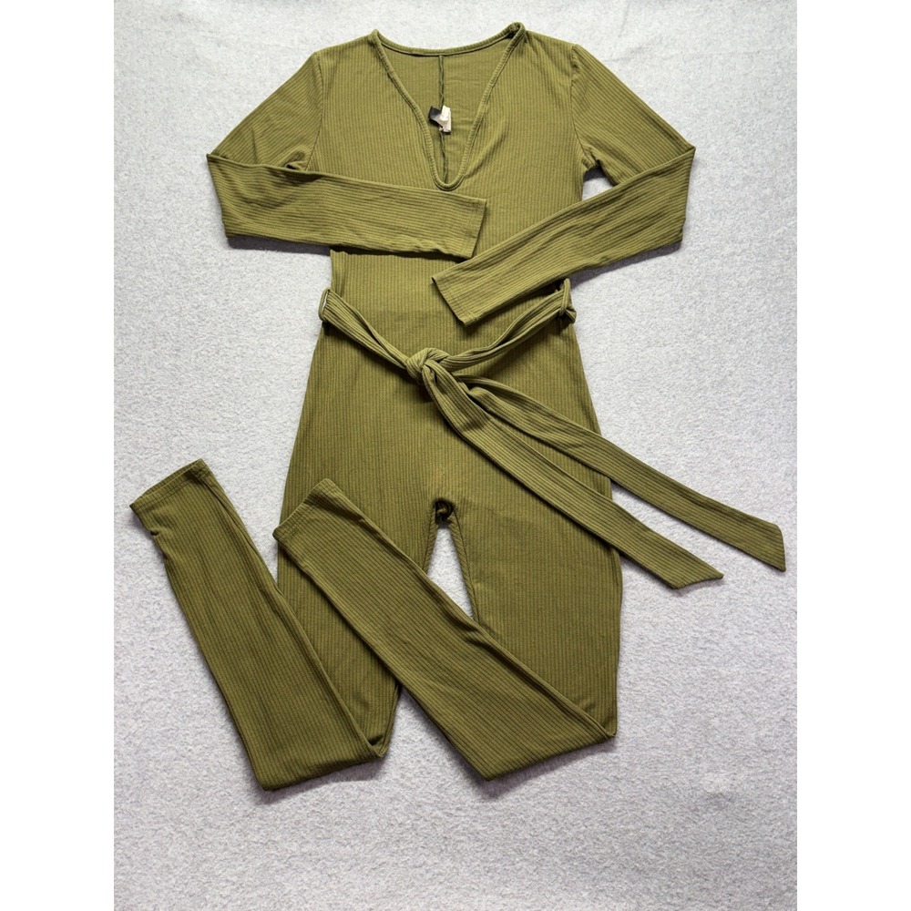 JNK Olive Green Ribbed Long Sleeve‎ V-Neck Jumpsuit with Tie Waist Size M